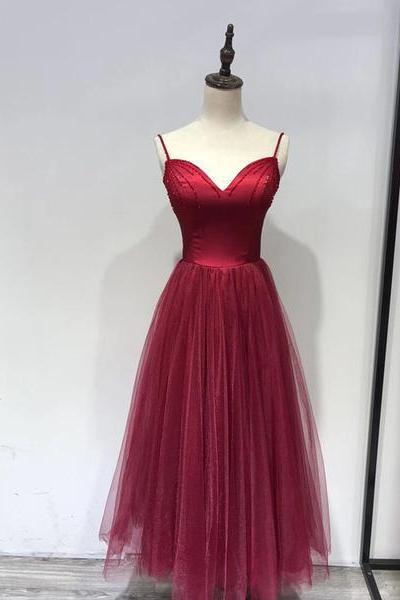 Beautiful Wine Red Straps Beaded Tea Length Wedding Party Dress, Prom Dress