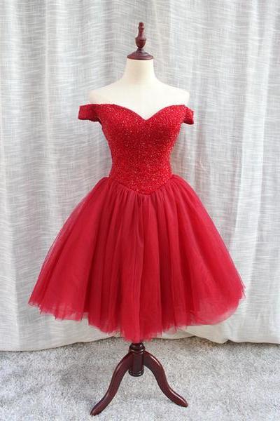 Beautiful Red Off Shoulder Knee Length Homecoming Dress, Handmade Chic Party Dress