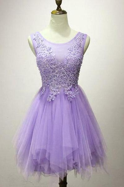 Lovely Tulle Short Layers Round Neckline Homecoming Dress With Lace, Cute Formal Dress