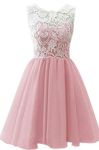 Pink Tulle And Lace Party Dress , Round Neckline Elegant Formal Dress