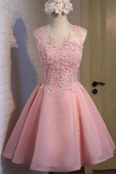 Elegant Pink Tulle Round Neckline Applique Party Dress, Charming Formal Dress