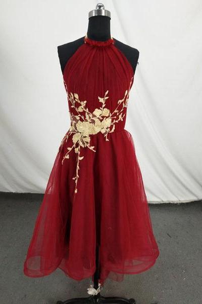 Wine Red Halter High Low Tulle Formal Dress With Gold Lace, Handmade Formal Dress