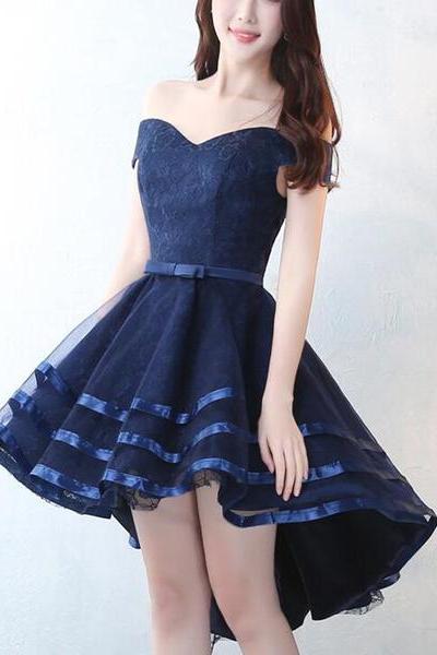 Charming Navy Blue Sweetheart High Low Party Dress, Lace-up Formal Dress