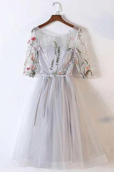 Beautiful Grey Tulle Round Neckline With Flowers Party Dress, Short Prom Dress