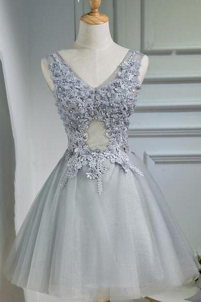Beautiful Grey Tulle V-neckline Lace Applique Beaded Short Party Dress , Grey Homecoming Dresses