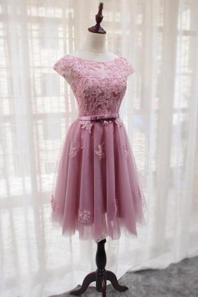 Pink Tulle Round Neckline Short Homecoming Dresses, Pink Party Dress, Bridesmaid Dresses