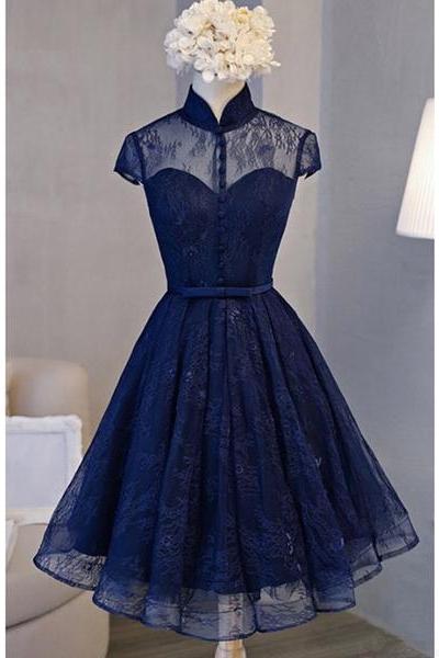 Adorable Navy Blue High Neckline Party Dress , Wedding Party Dresses