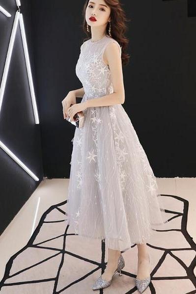 Charming Light Grey Tea Length Tulle Round Neckline Party Dress , Formal Dresses