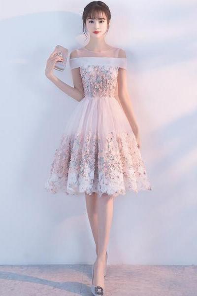 Cute Pink Round Neckline Flower Lace Short Party Dress, Pink Formal Dress Short