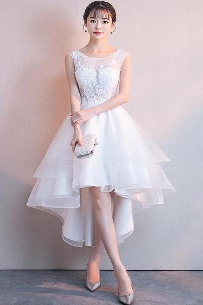 White High Low Graduation Dress , Tulle And Lace Party Dresses