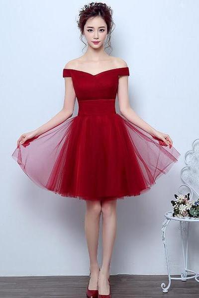 Wine Red Off Shoulder Party Dress, Tulle Short Formal Dress