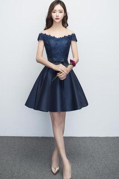 Charming Satin Navy Blue Homecoming Dress , Short Formal Dress