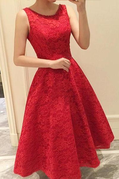 Red Lace Round Neckline Tea Length Party Dress, Cute Party Dress