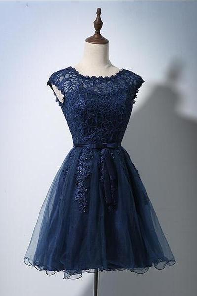 Cute Navy Blue Tulle And Lace Homecoming Dress , Lovely Party Dress