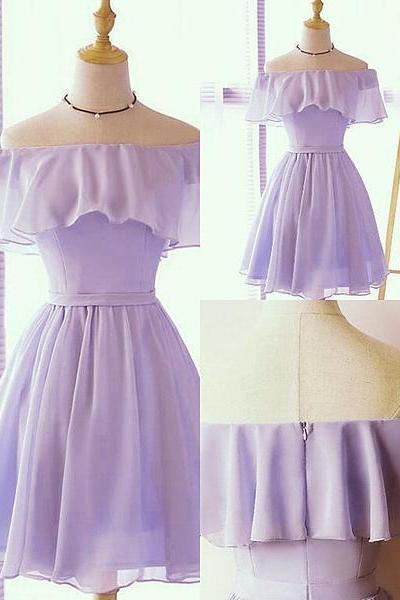 Simple Light Purple Chiffon Off The Shoulder Bridesmaid Dress, Short Party Dress