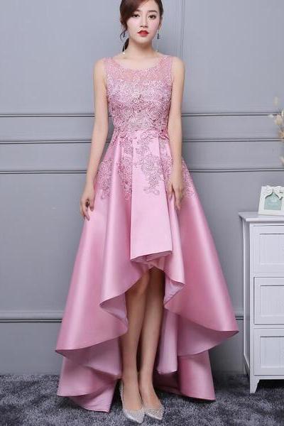 Lovely Pink Satin And Lace High Low Party Dress, Handmade Formal Dress