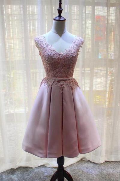 Pink Satin And Lace Knee Length Party Dress , Homecoming Dress