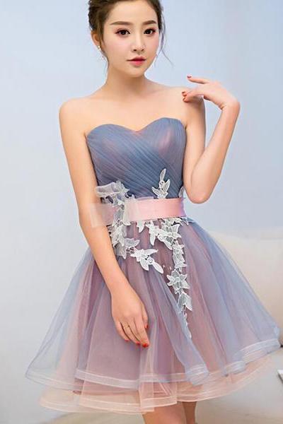Cute Blue And Pink Knee Length Homecoming Dress With Belt, Lovely Party Dresses