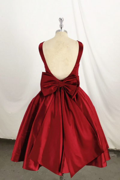 Dark Red Satin Backless Vintage Style Party Dress With Bow, High Quality Handmade Dress