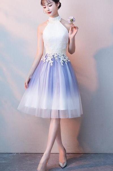 Cute Halter Tulle A-line Knee Length Party Dress, Light Purple Homecoming Dress