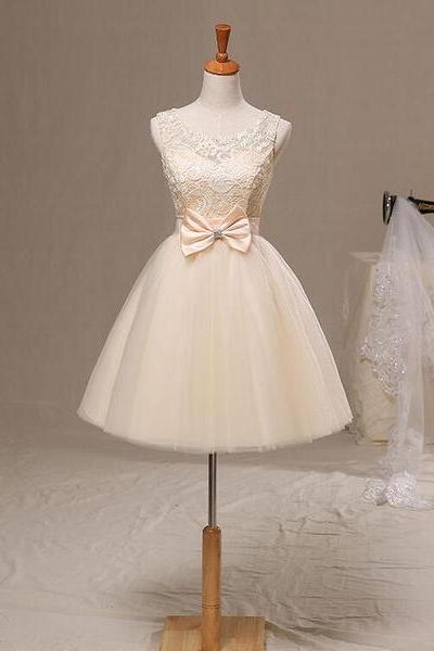 Champagne Knee Length Party Dress With Bow, Cute Homecoming Dress