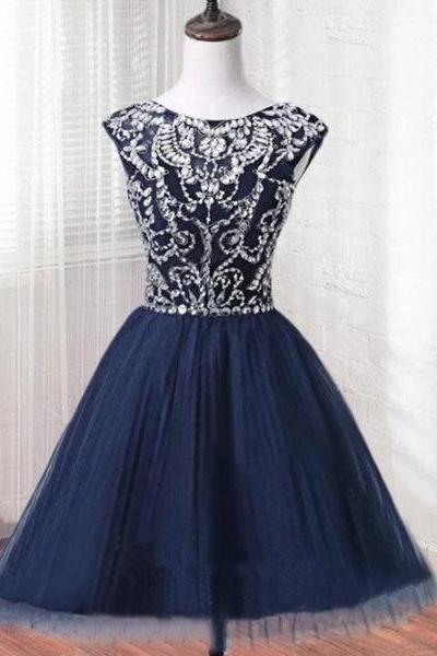 Short Tulle Beaded Dress Blue Knee Length Homecoming Dress, Cute Party Dress
