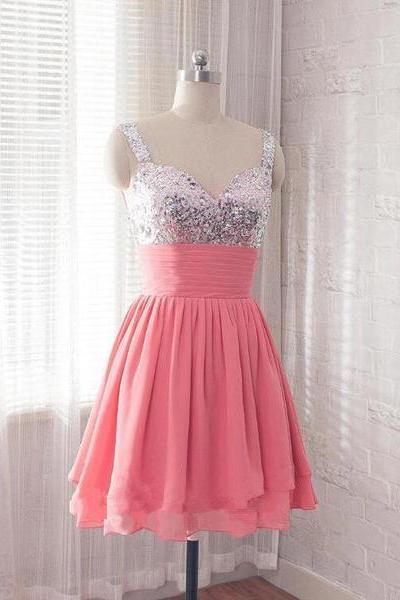 Cute Watermelon Chiffon And Sequins Bridesmaid Dress, Short Party Dress