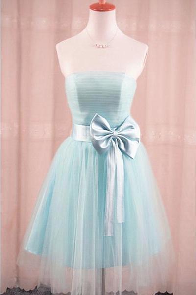 Adorable Light Blue Tulle Formal Dress With Bow, Teen Party Dress