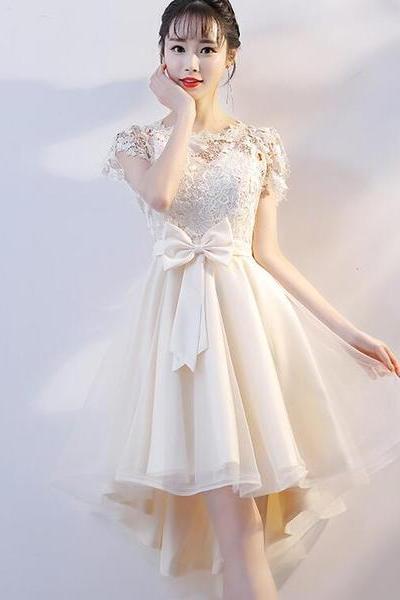 Lovely Champagne Tulle High Low Party Dress, Cute Lace Homecoming Dress With Bow