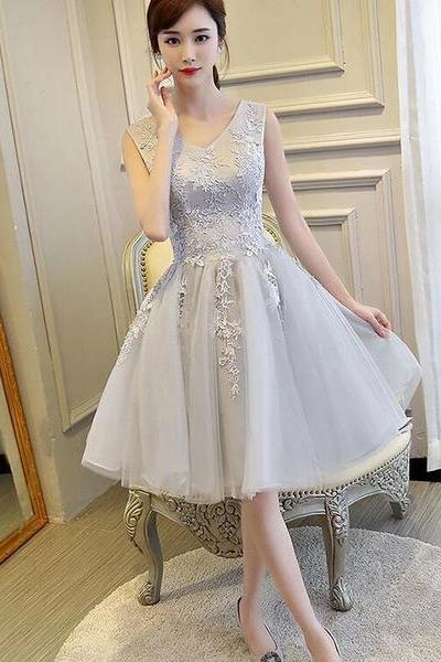 Lovely Grey Lace And Tulle Bridesmaid Dress, Grey Homecoming Dress