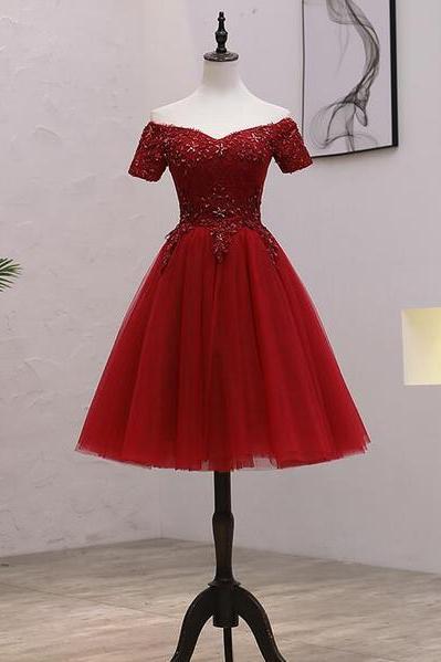 Tulle Dark Red Off The Shoulder Knee Length Homecoming Dress, Red Party Dress