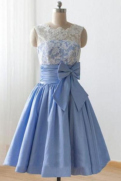 Light Blue Illusion Neckline Lace A-line Short Wedding Party Dress, Bridesmaid Dress With Ribbon