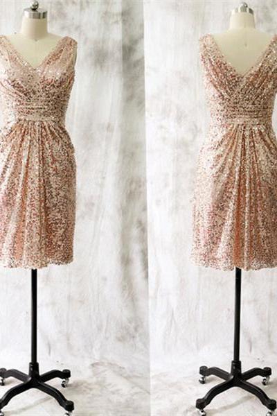 Beautiful Gold Sequins Knee Length Bridesmaid Dress, Short Homecoming Dress