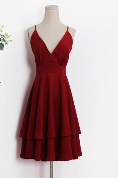 Beautiful Dark Red V-neckline Chiffon Layers Women Dresses, Fashion Women Dresses