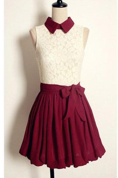 Lovely Custom Handmade Lace And Chiffon Short Dress With Bow, Women Dress