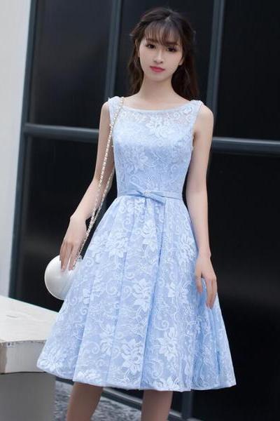 Light Blue Lace Knee Length Round Neckline Party Dress, Charming Blue Prom Dress