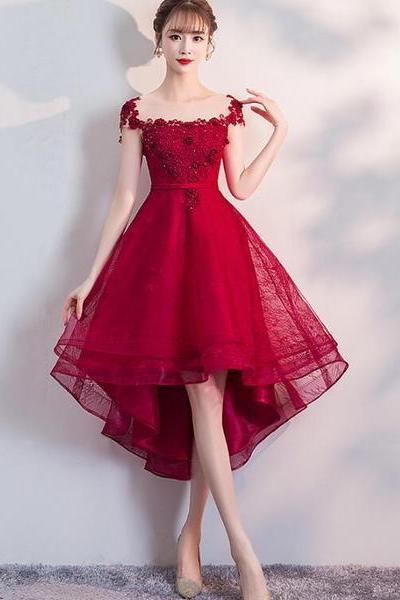 Beautiful Red Cap Sleeves High Waist Party Dress, Red Homecoming Dress