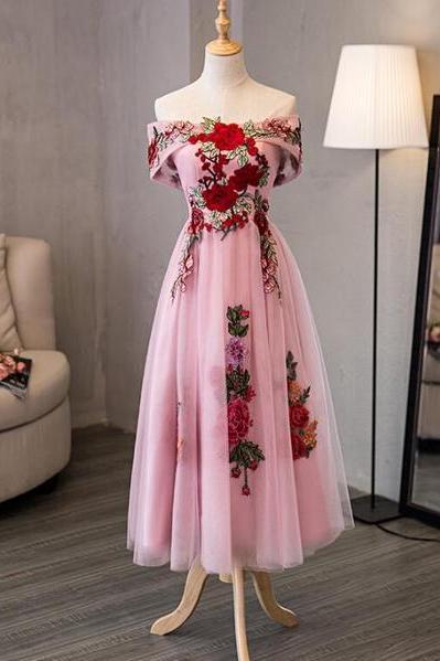 Pink Tulle Tea Length Beautiful Party Dress, Wedding Party Dress
