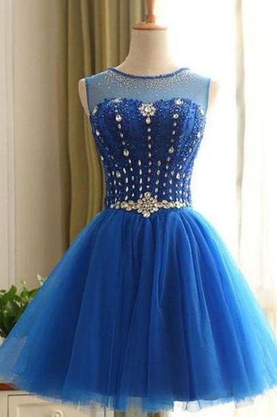 Cute Blue Beaded Knee Length Homecoming Dress, Short Prom Dress