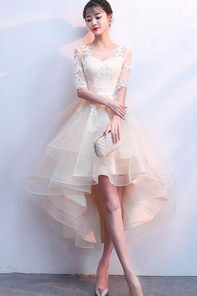 Cute Champagne Lace And Tulle Short Sleeves Party Dress, Homecoming Dress
