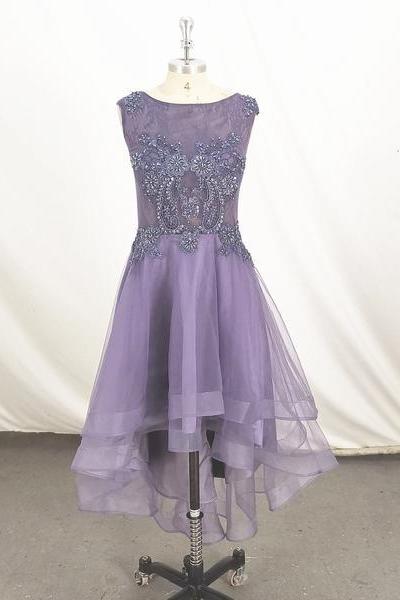 Grey-purple High Low Party Dress, Cute Handmade Prom Dress