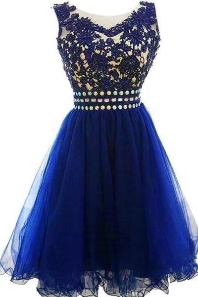 Cute Blue Knee Length Round Neckline Beade Party Dress, Blue Homecoming Dress