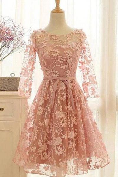 Pink Long Sleeves A-line Scoop Short/mini Homecoming Dress, Lace Prom Dress