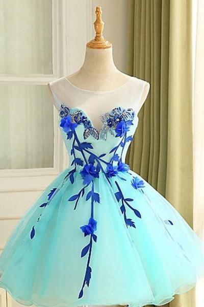 Charming Mint Blue Round Neck Applique Short Tulle Homecoming, Cocktail Dresses