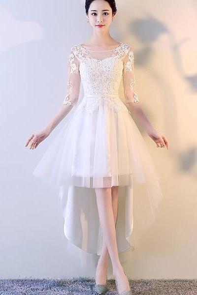 Beautiful White High Low Graduation Dress, Short Sleeves Lace Party Dress