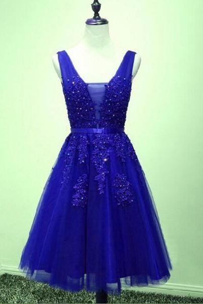 Lovely Blue V-neckline Lace Applique Homecoming Dress, Short Prom Dress