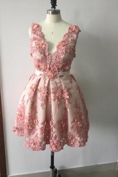 Lovely Short Lace Appliques Hand-made Flower Homecoming Dress, Cute Prom Dress