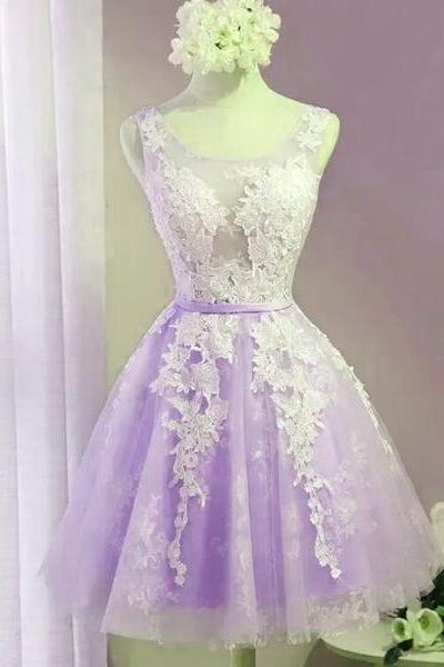Cute Lavender Tulle Lace Applique Homecoming Dress , Short Prom Dress