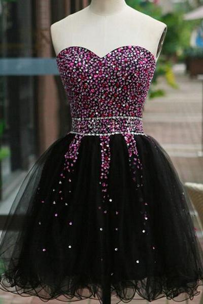 Lovely Beaded Black Tulle Short Homecoming Dress, Lace-up Black Formal Dress