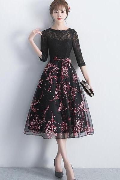 Black Lace Top With Floral Skirt Tea Length Party Dress, Cute Party Dress